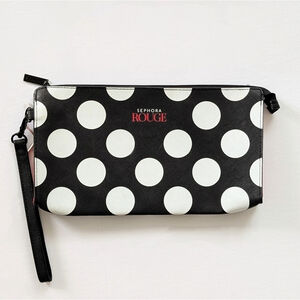 NWT Sephora Rouge Black & White Polka Dot Zip Makeup Wristlet Clutch Bag
